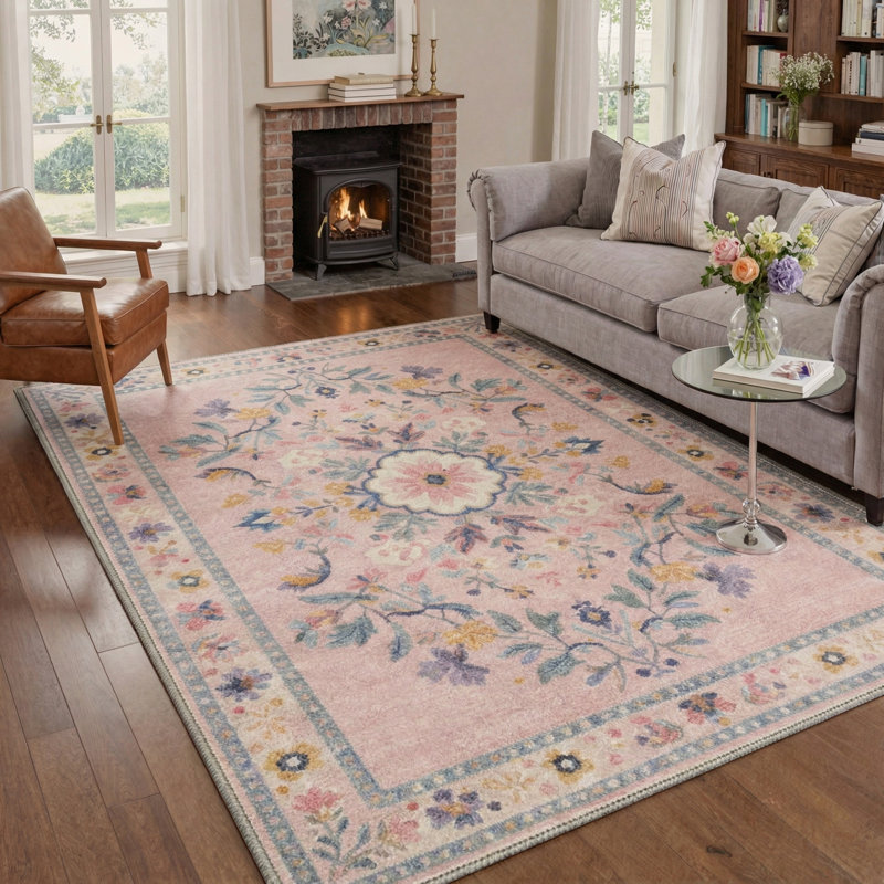 Airville Floral Machine Washable Blush/Beige/Teal Indoor Area Rug With Non-Slip Backing, Rectangle 6' x 9'