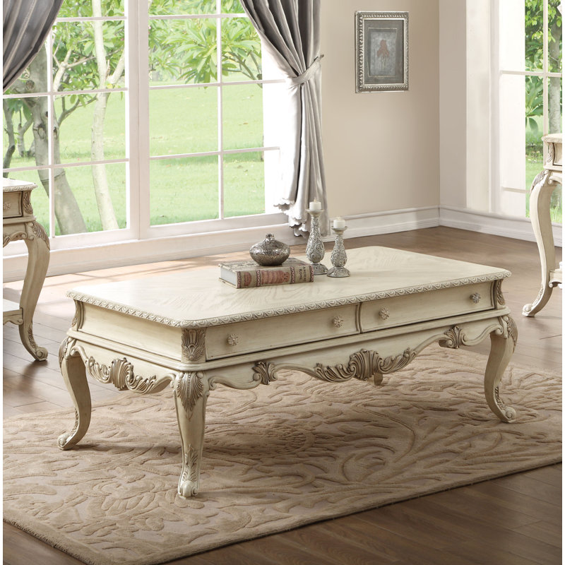 Table de canapé rectangulaire L 54 po avec 2 tiroirs et tablette inférieure Cha Transitional, Blanc antique