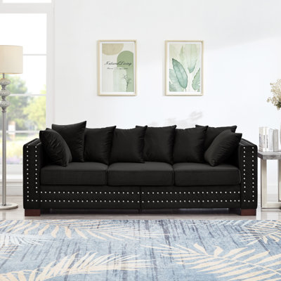 Canapé 3 places moderne en velours noir avec accoudoirs carrés et clous décoratifs argentés, siège confortable en mousse à ressorts, housses de coussins amovibles, espace de rangement, clous décoratifs, coussins d'assise à ressorts ensachés.