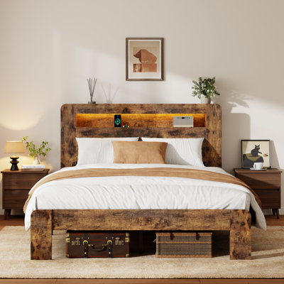 Farmhouse Full Size Bed Frame with Storage Headboard, Wooden Platform Bed Frame with Charging Station & LED Light，Noise Free,No Box Spring Needed and Easy Assembly