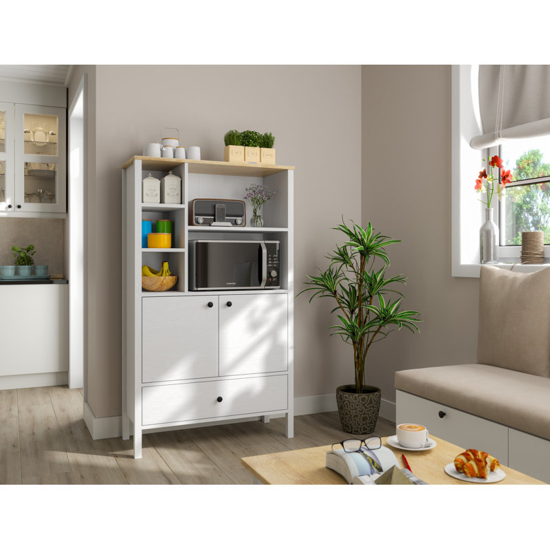 Modern Multi-Purpose Cabinet, White & Wood, 36.6 x 62.6 x 15.7 inches | 100% Melamine Coated Particle Board, 0.7 in Thickness | Durable MDF Legs, Metal Handles, Wall-Mountable, Ideal for Scandinavian Home Decor