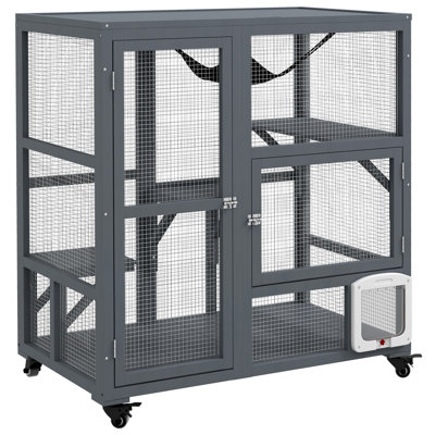 Maison pour chat, cage intérieure pour chat sur roulettes, cage pour chat en bois avec porte à rabat, hamac à plateforme et plateau ouvert pour 2 chats, 39 po