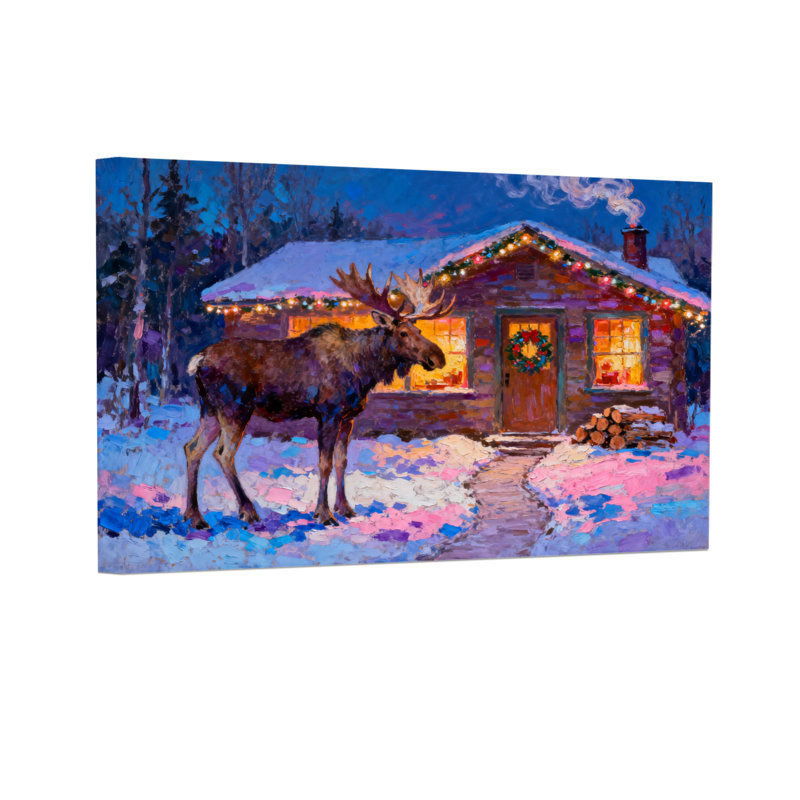 Orignal de Noël devant une cabane de Noël confortable, H 16 po x l 24 po