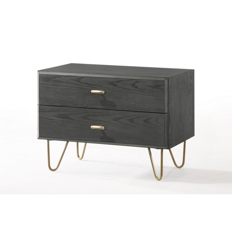 Table de chevet contemporaine blanche et dorée avec deux tiroirs, gris