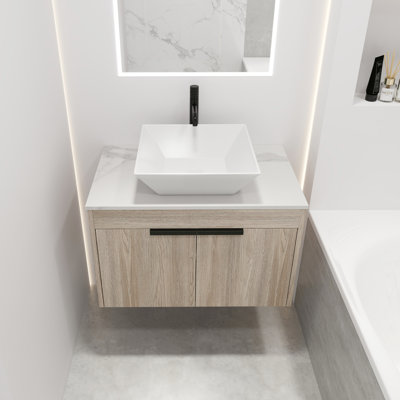 Meuble-lavabo mural de salle de bain - avec lavabo en céramique, porte à fermeture en douceur, grande capacité, fixation moderne, porte à fermeture silencieuse