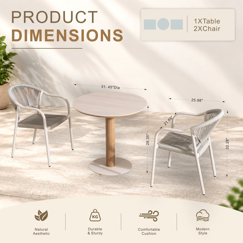 Ensemble de bistro 3 pièces pour table ronde avec 2 chaises en osier, peu encombrant pour le patio