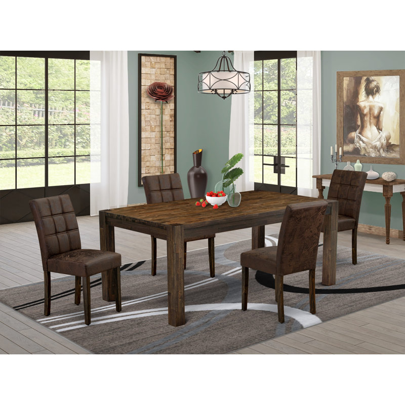 5 Piece Modern Dining Table Set Includes A Mid Century Modern Dining Table and 4 Black Textured Polyester Fabric Dining Chairs, Distressed Jacobean