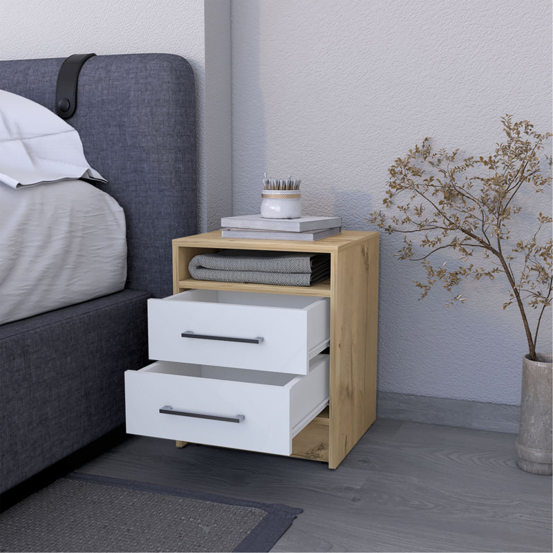Philadelphia Nightstand, Two Drawers, Concealed Shelf, Natural/White