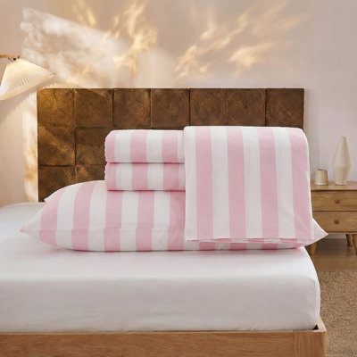 Ensemble de draps 100% coton de très grande taille - Literie à rayures roses et blanches, tissage percale doux et respirant, drap à poche profonde à rayures larges 17,5 po, aspect lin luxueux, literie 4 pièces toutes saisons