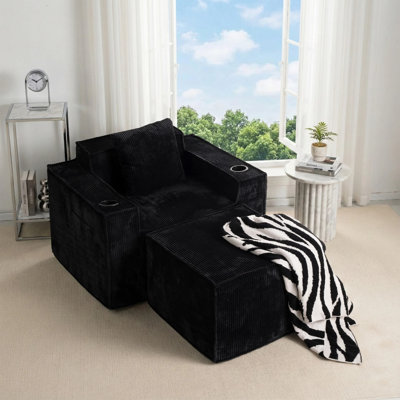 41.5" Boneless Chaise Lounge Chair, Corduroy Cloud Chair with Foldable Ottoman, Cup Holders and Storage for Living Room