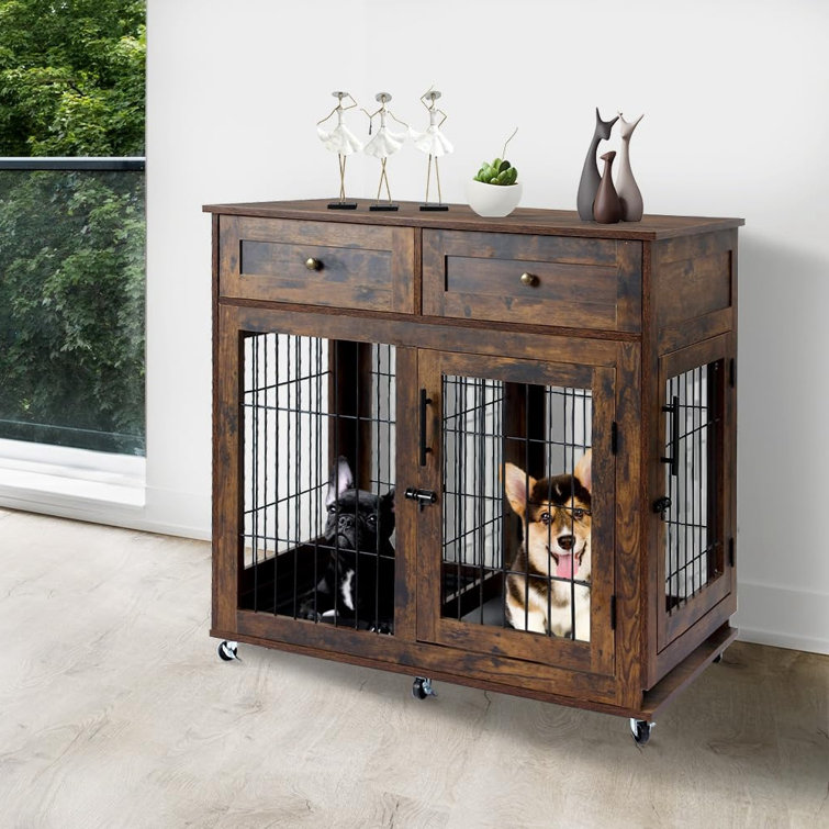 Wooden Dog Crate Furniture 39.4 Heavy Duty Dog Kennel with 2