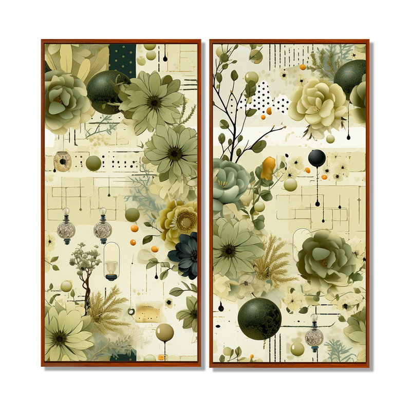 «Green Botanical Dreams» - art mural vert 2 pièces, 32" H x 32" W, Impression encadrée flottante, Brown
