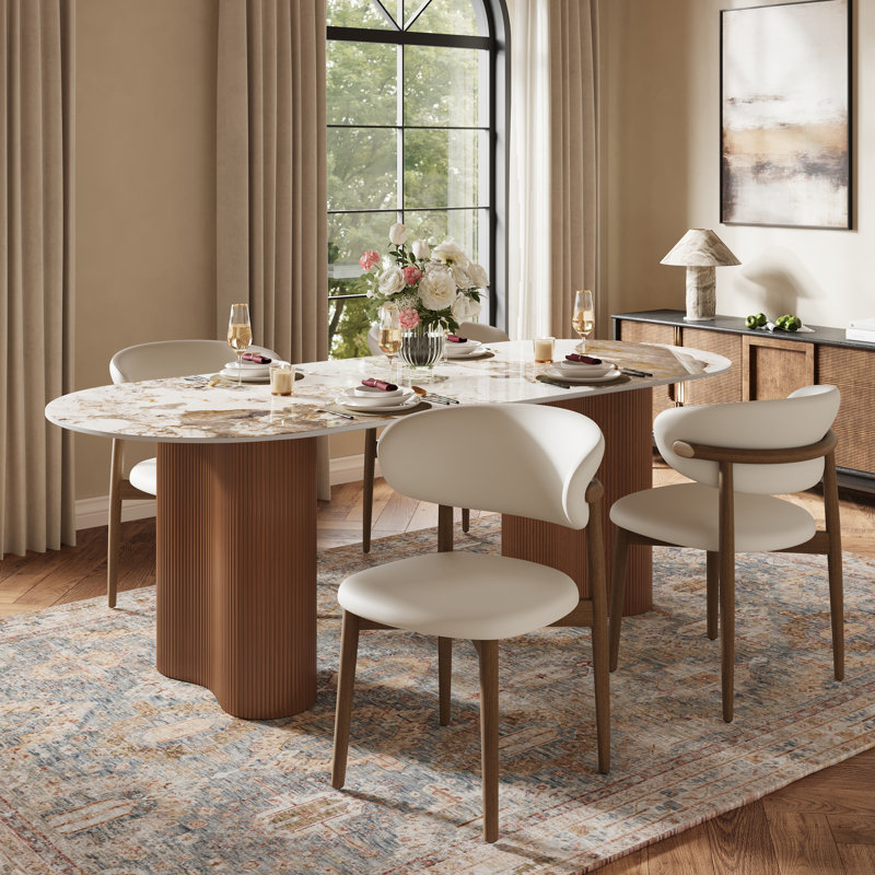 Chaises de salle à manger modernes de style Mid-Century beige, chaises de cuisine en bois de chêne massif brun pour la salle à manger, similicuir blanc cassé, aucun assemblage requis