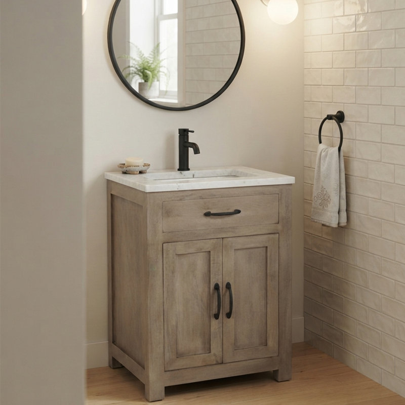 Ensemble de meuble-lavabo simple 24 po à deux portes de luxe avec finition en bois naturel et plateau en marbre blanc, 24