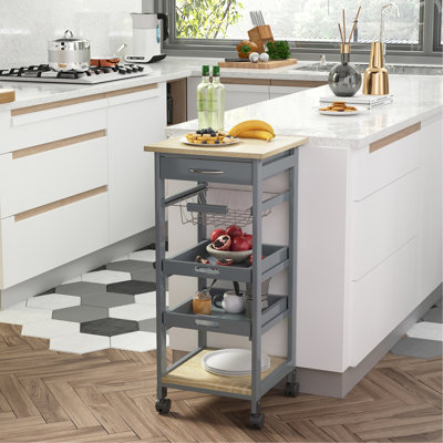 Chariot pour îlot de cuisine roulant avec tiroir, panier grillagé et plateau de service, rangement mobile gris