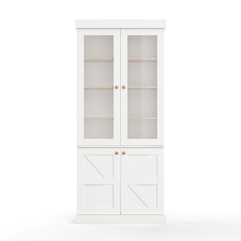 71''H Glass Door Storage Bookcase with Adjustable Shelves and Large Drawers White, White