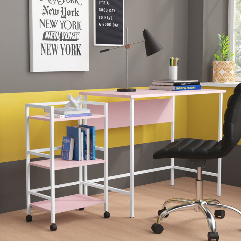Bureau avec chariot roulant Funderburg, Rose clair/blanc