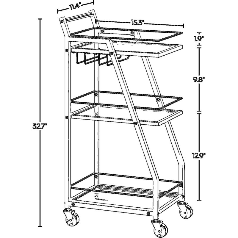 3-Tier Rolling Bar Cart with Wheels and Glass Holders, Mobile Serving Cart for Kitchen, Party, and Home Entertainment, Gold Metal Frame with Removable Fences