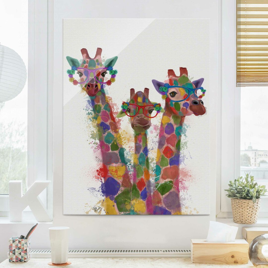 Glasbild Rainbow Splash Giraffe Trio