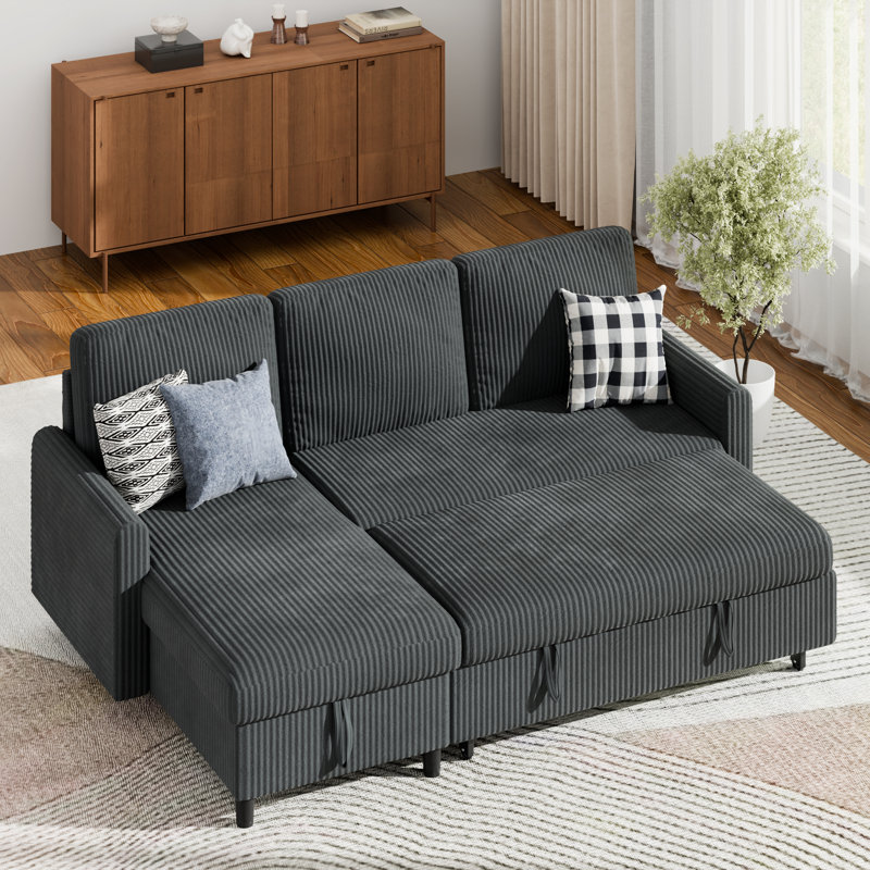 Ashleh 75.8" L-Shaped Sleeper Sofa Bed Sectional, Dark Gray Corduroy