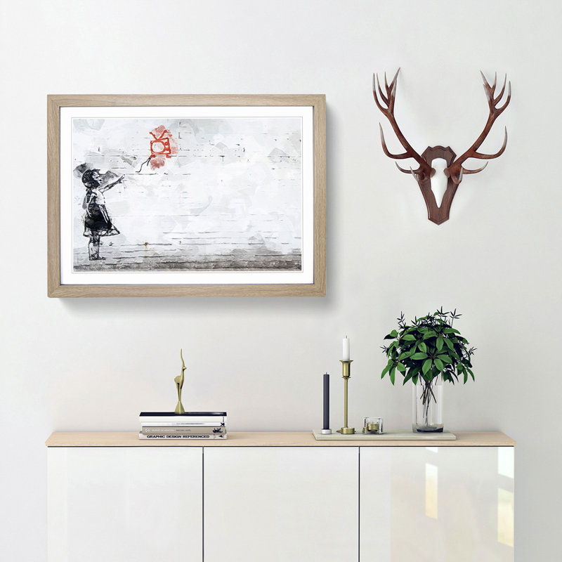 Balloon TV Girl by Banksy - Picture Frame Drawing Print, 48cm H x 65cm W x 2cm D, Oak Framed