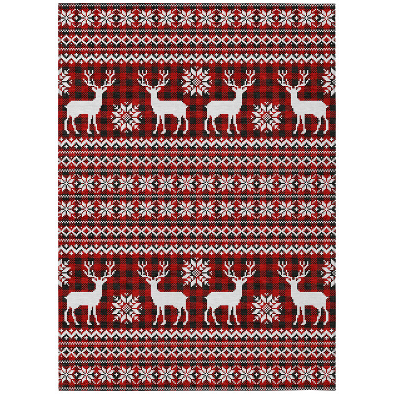 Red and White Reindeer Pattern Washable Synthetic Rug 5' x 7'