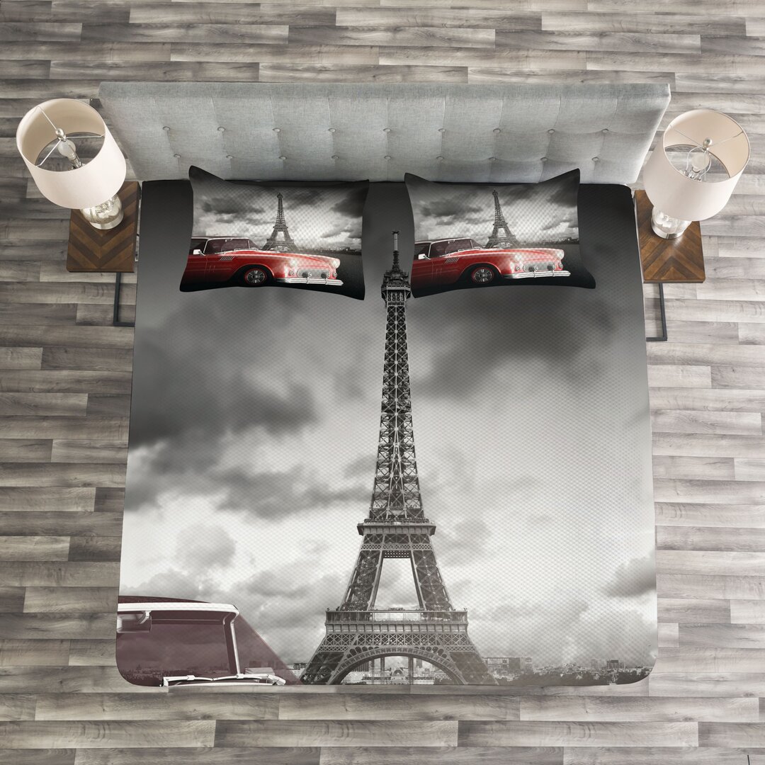 Tagesdecke Set, Oldtimer und Eiffel, Paris, Grau Rot