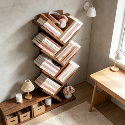 Bibliothèque en forme d'arbre à 7 étagères, bibliothèque autoportante pour exposer vos objets, meuble de rangement rustique en bois et acier pour salon, chambre, bureau, coin rangement