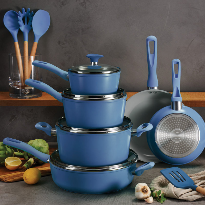 14-Piece Blue Aluminum Ceramic Nonstick Cookware Set with Utensils