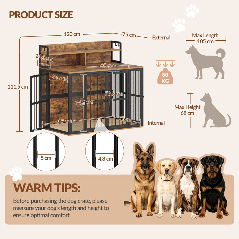 Large Dog Crate Furniture with Storage, Wooden Dog Crate with 4 Doors End Side Table Animal Crates, Animal Cage Furniture for Home, 120 L x 75 W x 110 H cm