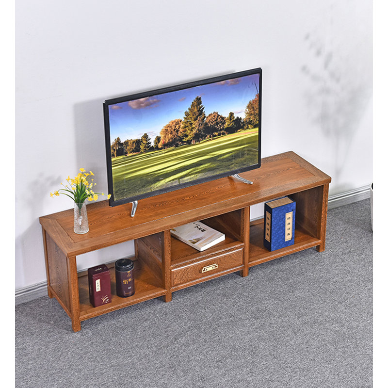 Meuble télé oriental en bois massif avec tiroir central et trois espaces de rangement