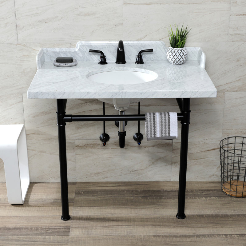 Kingston Brass Wesselman 36-Inch Carrara Marble Console Sink with Stainless Steel Legs (8-Inch, 3-Hole)