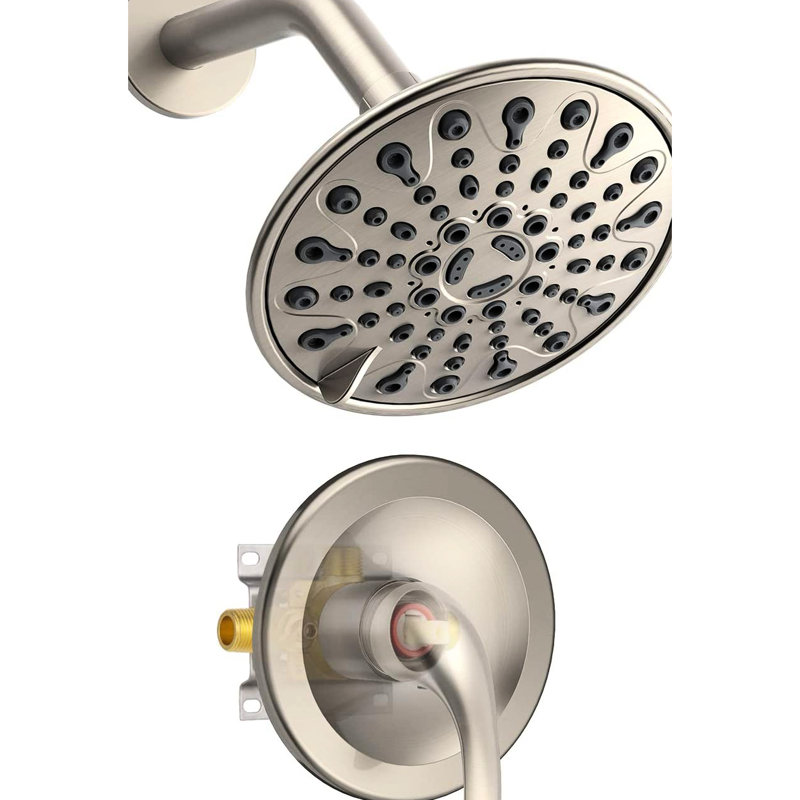 Robinet de douche mural à 6 fonctions à une poignée avec valve et tête incluses, joint réglable à 360 °, trous de pulvérisation pour le nettoyage, tête de fabrication en plastique nickel brossé, motif, entretien,