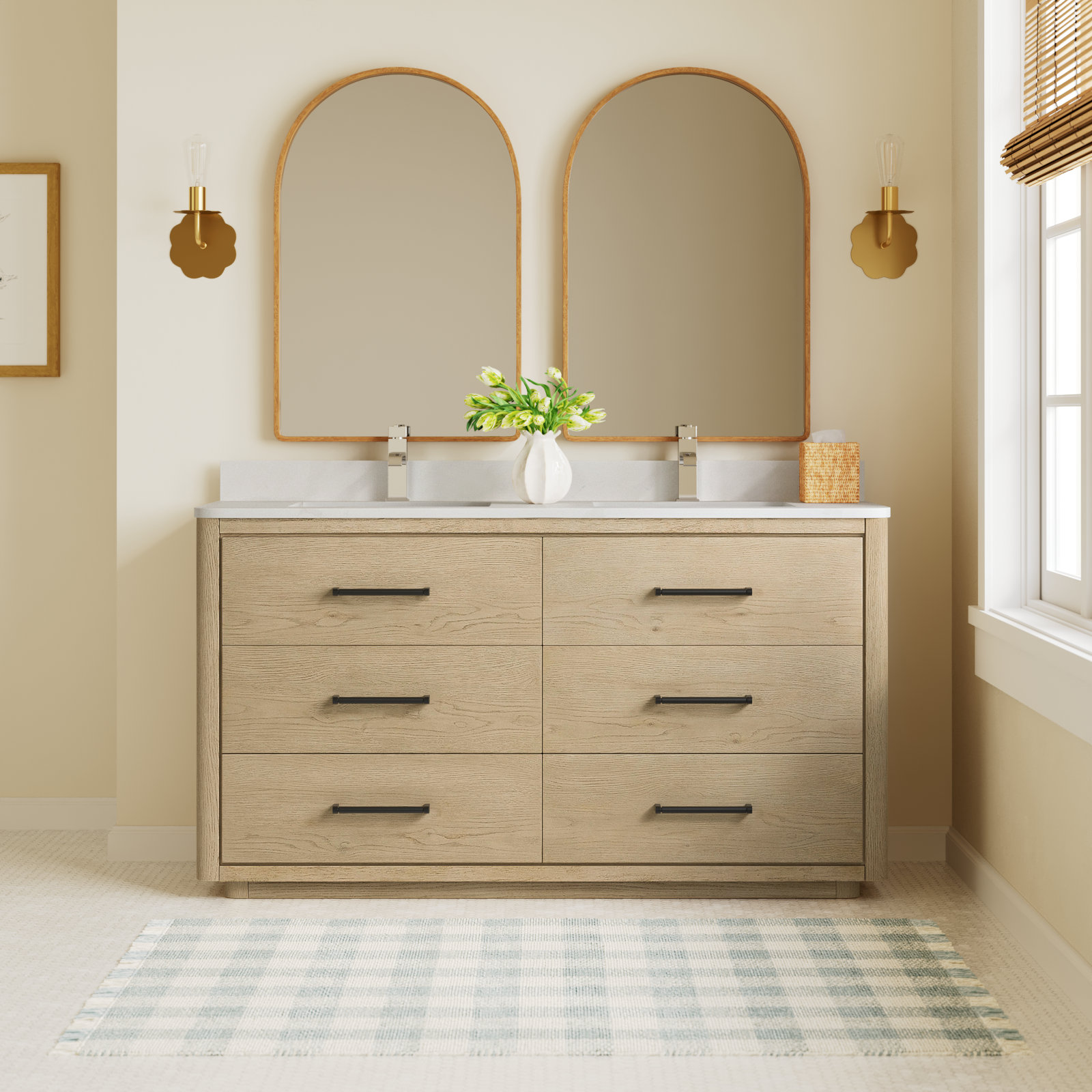 Porto 60'' Double Bathroom Vanity, Natural Oak, Matte Black