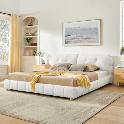 King Cream Style Bouclé Fabric Platform Bed, Soft Cloud-Like Upholstered Frame With Solid Wood Legs, No Box Spring Needed