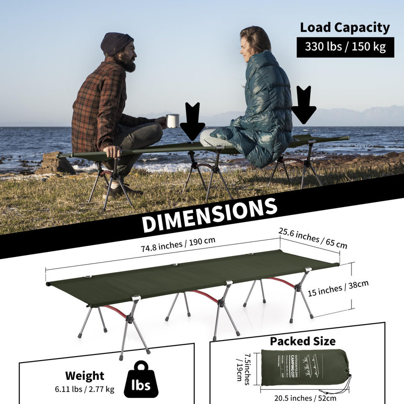 Lit de camping pliant, lit de randonnée ultraléger à hauteur réglable, Vert