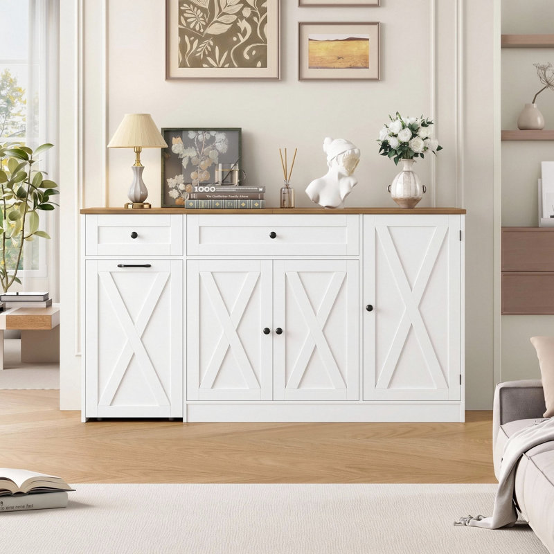 59" Sideboard with Charging Station & 2 Drawers, Brown/White