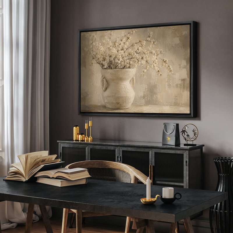 «Beige Cherry Blossom Vase Still Life», œuvre d'art de salle à manger neutre, impression encadrée, 16" H x 24" W, Black