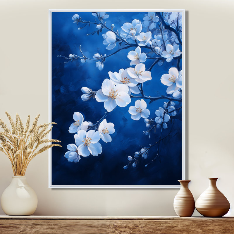Indigo, fleur de pommier en fleurs, nuit, art mural sur toile florale blanche, H 40 po x l 30 po, Cadre flottant blanc