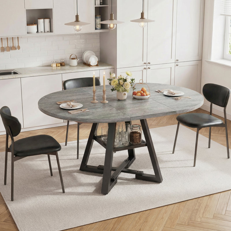 Table de salle à manger extensible de 43 à 57 po pour 4 à 8 personnes, table de cuisine industrielle ronde à ovale moderne avec tablette de rangement cachée, base piédestal compacte pour petit appartement et salon
