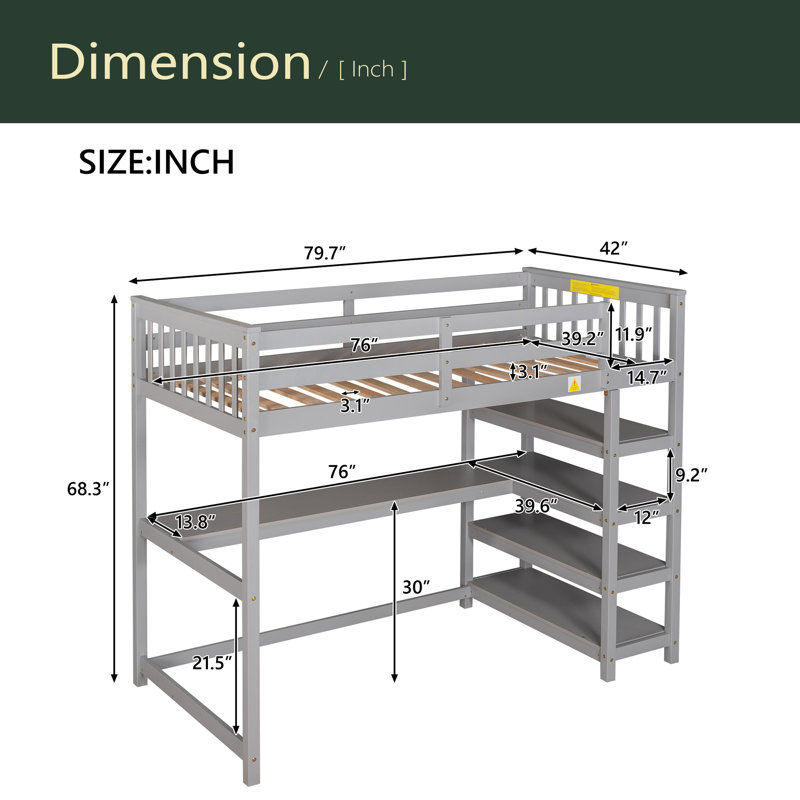 Lit mezzanine avec tablettes de rangement et bureau sous le lit, Lit simple, Gris