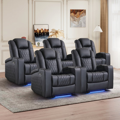 34.6" Wide Faux Leather Power Reclining Home Theatre Seating Chair with Arm Storage&Dual Cup Holders&USB Charging Port&Ambient Lighting