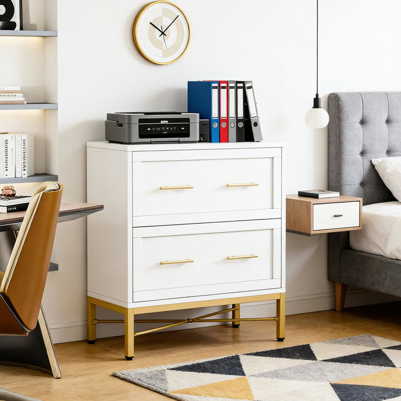 2 classeurs de bureau au design blanc épuré avec bordure dorée brillante, tiroirs extensibles pour un accès en profondeur, emplacement pour imprimante supérieure de 31,4 po x P 15,7 po, caractéristiques intégrées, configuration à deux tiroirs avec cadre en acier,
