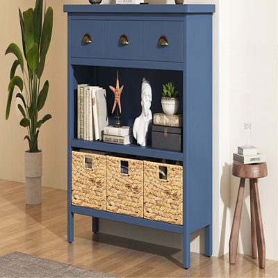 Console rétro avec 3 tiroirs de rangement, table d'entrée avec 3 paniers tissés en jacinthe d'eau, armoire-buffet en bois pour l'entrée, le couloir et le salon