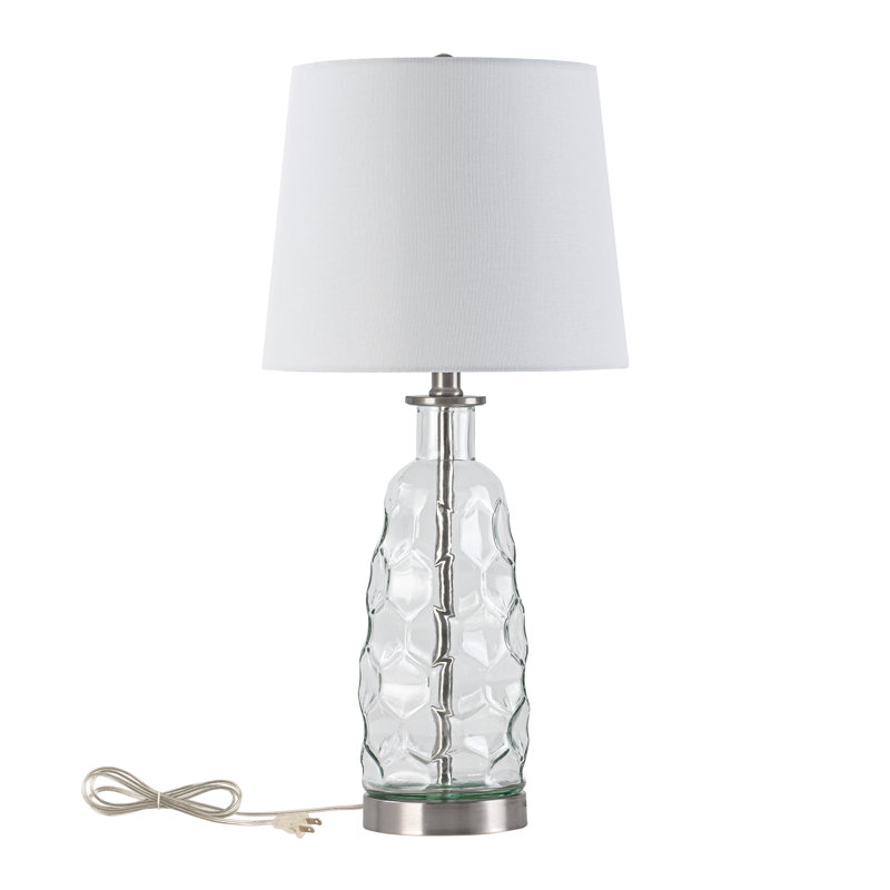 Lampe de table 23,5 po en verre transparent avec base texturée et abat-jour en tissu blanc, Clear