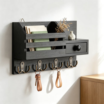 Porte-clés mural en bois avec organisateur de courrier, porte-clés avec crochets, tiroir et tablette, décoration d'entrée de style campagnard