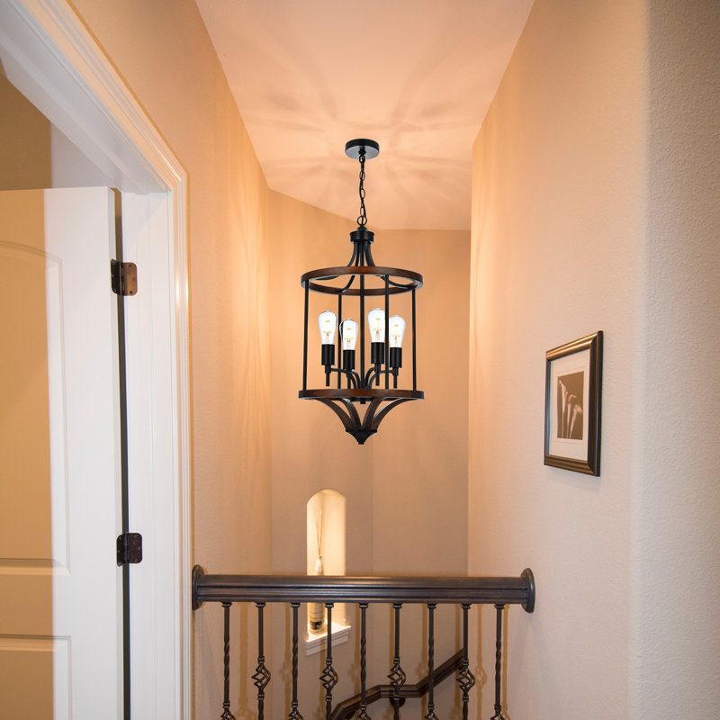 Farmhouse Chandelier 4-Light Rustic Ceiling Light Wood Chandelier With Black Metal Cage Adjustable Height Rustic Pendant Lights For Kitchen Island Dining Room Entryway