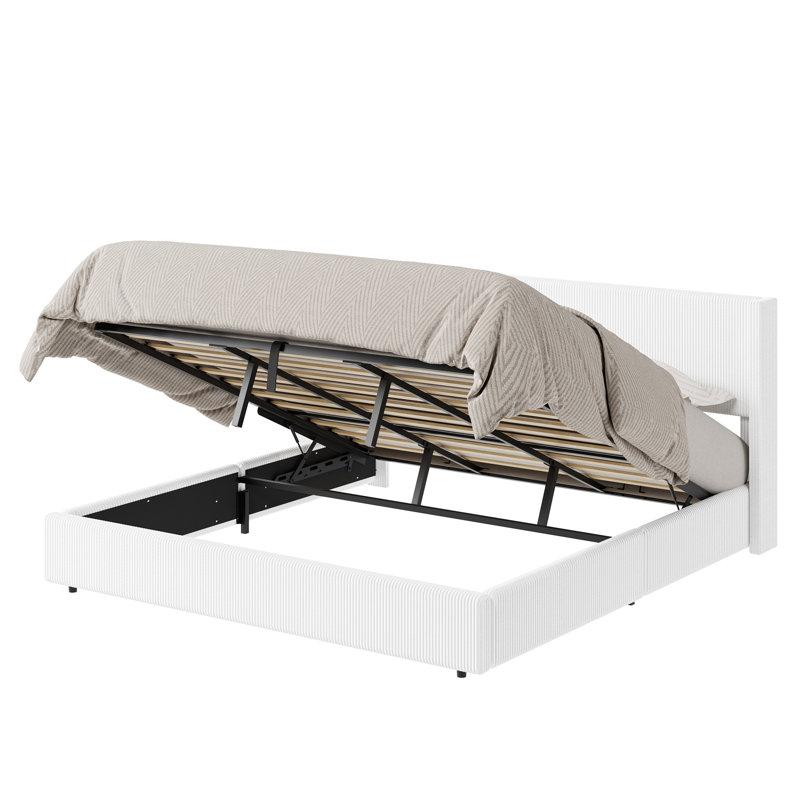 Très grand lit escamotable, structure de lit tapissier en velours côtelé avec tête de lit à oreilles, rangement hydraulique, aucun sommier tapissier requis, blanc