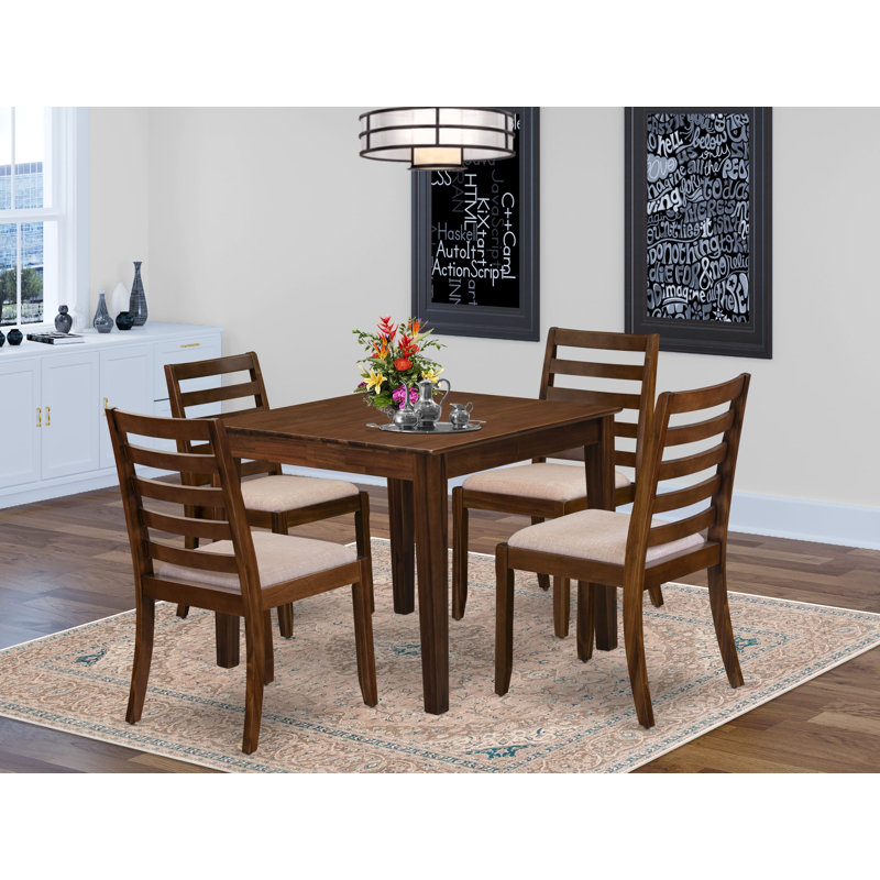 5-piece Kitchen Table set included a square Kitchen Table and 4 Light Tan Polyester Fabric stackable Chair, Antique Walnut Finish