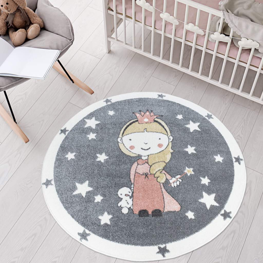 Kinderteppich Anime 893 Grau Rosa Prinzessin Sterne Kinderzimmer Teppich Kurzflor